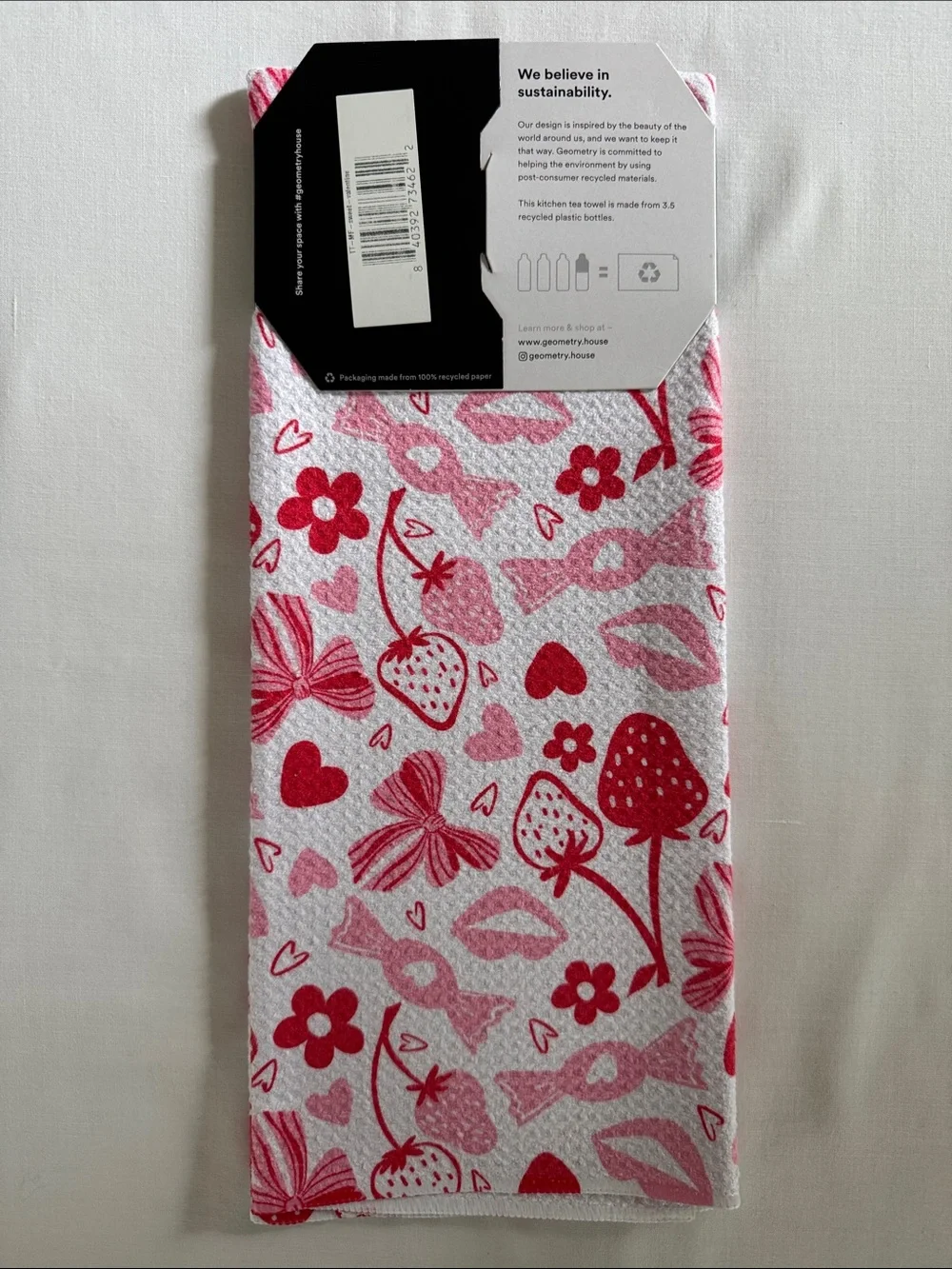 Tea Towel NWT, Pink & Red, Berries & Bows, Great for Gift, Sustainable/Recycled